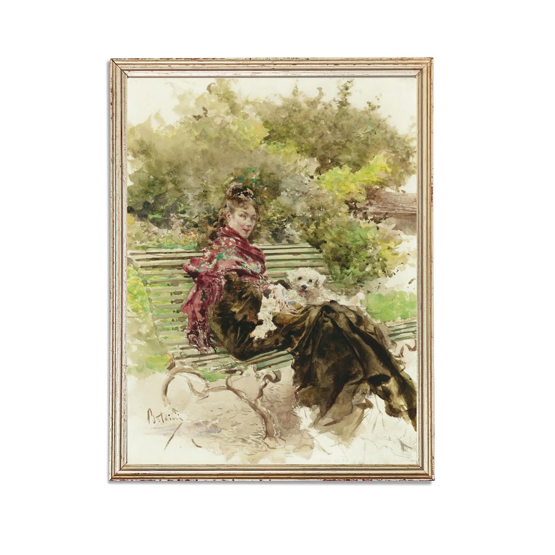 Vintage Dog Woman Portrait Painting | Antique Park Bench Artwork ...