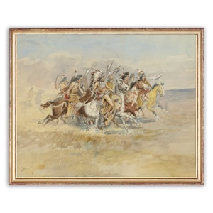 May include: A watercolour painting depicting a group of Native American warriors on horseback riding across a grassy plain. The warriors are wearing traditional clothing and headdresses, and they are carrying weapons. The sky is a light blue with white clouds.