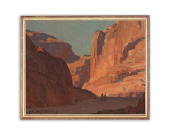 May include: A painting of a canyon landscape with two figures in the distance. The canyon walls are a warm orange and brown, and the sky is a pale blue. The painting is signed "EDGAR PAYNE" in the lower left corner.