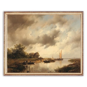 Vintage River Shore Painting | Antique River Boat Painting | Landscape Nature Countryside Painting | 19th Century Art Print | PRINTABLE art
