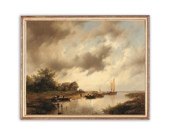 Pintura vintage na costa do rio | Pintura antiga de barco fluvial | Pintura de paisagem natureza campo | Impressão artística do século XIX | Arte IMPRIMÍVEL