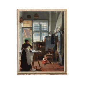 Vintage Woman Hanging Clothes Painting | Oil Still Life Painting | Portrait Kid Mother Painting | 19th Century Art Print | PRINTABLE art