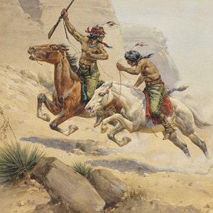 May include: Two Native American men on horseback riding through a desert landscape. The men are wearing traditional clothing and headdresses. The horses are running at full speed, with their manes and tails flowing in the wind.