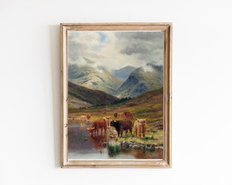 May include: A framed oil painting depicting a Scottish landscape with a valley, mountains, and a lake. The painting features a group of Highland cattle standing in the water.