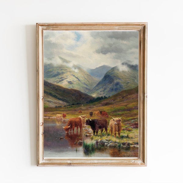 peinture de vaches Highland vintage | peinture de montagne à l'huile vintage | Peinture de paysage de rivière des Alpes | Impression d'art de bétail de montagne | Art IMPRIMABLE