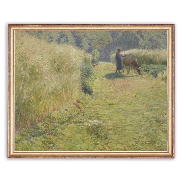 Vintage Farmland Cow Painting | Antique Grass Field Artwork | Classic Nature Landscape Poster | 19th Century Art Print | PRINTABLE art