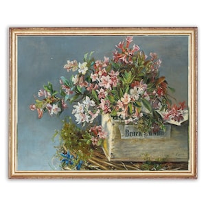 Pintura vintage de jarrón de flores / Obra de arte de flores rosas antiguas / Cartel clásico de bodegones / Impresión de arte del siglo XIX / Arte IMPRIMIBLE