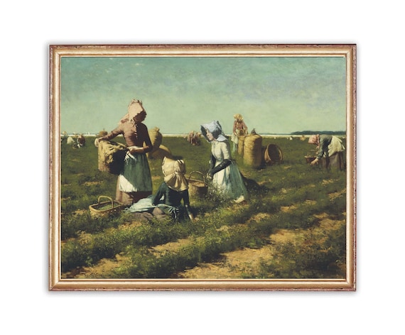 Vintage Pasture Landscape Painting | Oil Women Working in Field