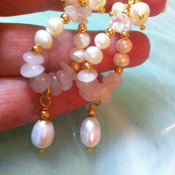 Round freshwater pearl earrings with Rose Quartz nuggets and an elongated hanging pearl in a lovely summery design