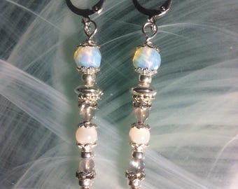 Unique saucer-shaped bead earrings in 925 sterling silver filigree, featuring Labradorite, Mother-of-Pearl, and faceted Czech glass Opalite