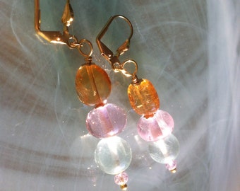 Tre colori of Earrings with round stones of Fluorite, the stone of inspiration and genius, Murano glass and Citrines