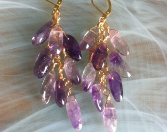 Earrings featuring a cascade of elongated, smooth amethysts in varying shades of purple on a 14K gold-plated chain