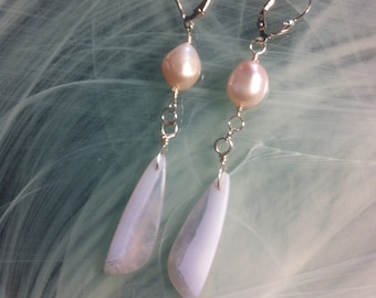 Earrings composed of two elongated tears of fine blue Agate stone lace and freshwater pearls on 925 Sterling Silver