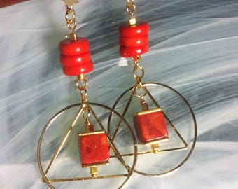 New Age-style earrings featuring a triangle and circle, gold-plated over brass, with sponge coral cubes and red bamboo coral discs