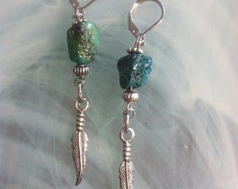 Native American-style earrings featuring large raw Turquoise stone nuggets surrounded by silver beads and oxidized Sterling silver feathers