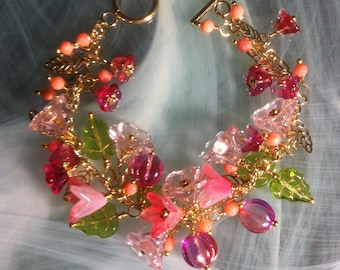 Czech glass flower and leaf bead bracelet on a large rectangular link chain with a 14K gold-plated T-bar clasp