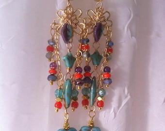 Beautiful long chandelier earrings for the beach, vacation, or festivals, featuring various Czech glass beads