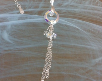 Colgante de anillo con cristal transparente Swarovski Aurora Borealis completamente montado en plata de ley 925, cadena con extensión,