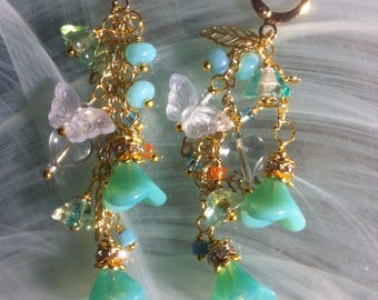 Earrings featuring large petunia flowers for summer, blue opal beads, butterflies, and Czech glass hearts