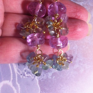 May include: A pair of dangle earrings with purple and green gemstone beads. The earrings are made with gold-toned metal and feature a cluster of smaller beads hanging from larger purple beads.