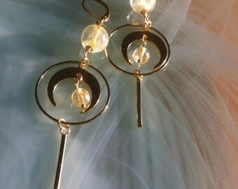 New Age earrings with citrine beads, a crescent moon in a circle with a small citrine, and a dangling magic wand