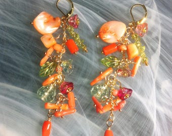 Mmm... these beach earrings evoke the sea and holidays, featuring bamboo coral, seashells, Czech glass sea flowers, seaweed stems in peridot