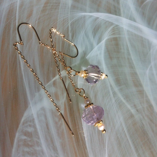 Earrings of large faceted pink Amethyst roundels surrounded by gold-plated daisies and tiny freshwater pearls