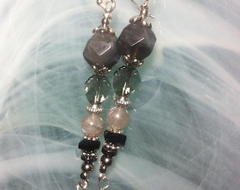 Long and bohemian earrings with blue flash Labradorite, Swarovski crystal, black Quartz, round Labradorite and silver pearls