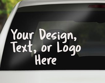 Op de afbeelding: Witte vinyl sticker met de tekst "Your Design, Text, or Logo Here" in een handschriftlijk lettertype.