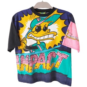 Camiseta vintage IMPACT Texprint para mujer, talla S, camiseta de los años 90, dibujo multicolor, estilo retro raro, estampado loco