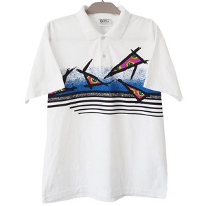 Vintage HUGO BOSS Polo T-Shirt Size XL white 90s retro luxury sport style tennis abstract pattern