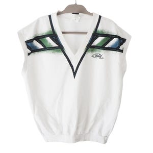 Vintage Puma Vest Tennis witte jaren 90 mouwloos sweatshirt zeldzame trui maat L