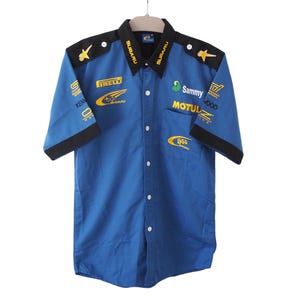 Vintage Subaru World Rally Team Buttons Shirt Size M 00s racing blue big logo