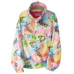 Vintage FOELSER Ski Anorak Jacket Size L 90s multicolor graffiti abstract pattern Windbreaker Light Wear made in Austria