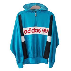 Vintage ADIDAS Hoodie 1/4 zip big logo Polyester Size M blue hooded sport jumper