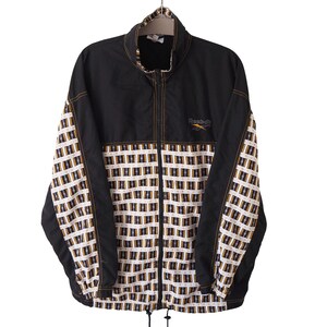 Vintage REEBOK Track Jacket Full Zip Size L black 90s abstract pattern tennis