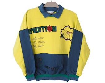 Vintage ADIDAS Take Off "Expedition North Pole" Sweatshirt Collared jumper 90s sport style yellow blue big logo made in Yugoslavia