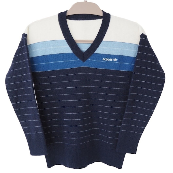 Vintage ADIDAS Sweater Size women's XS 80's blue striped pattern pullover