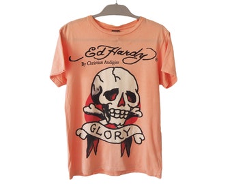 T-shirt vintage ED HARDY taglia S color pesca stile anni &#39;00 realizzata negli USA