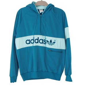 Vintage ADIDAS Hoodie 1/4 zip big logo Polyester Size M blue hooded sport jumper