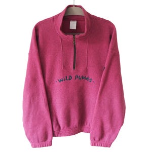 Vintage PUMA Wild Fleece Sweater Size L pink outdoor ski 90s jumper pullover big logo 1/4 zip