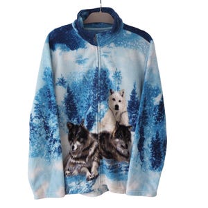 Vintage WOLF Fleece Sweater Full Zip Size Women&#39;s 2XL jumper blue animal arctic