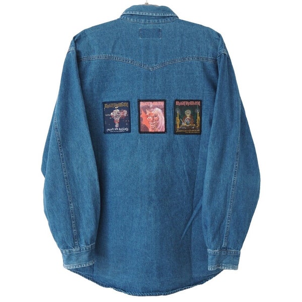 Vintage IRON MAIDEN Denim Shirt 1988 patch merch logo Size men's XL blue 90s