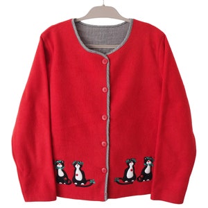 Vintage CATS Embroidery Logo Fleece Sweater Cardigan Size Women&#39;s L jumper red
