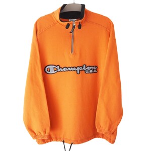 Vintage CHAMPION 1/4 Zip Sweatshirt orange big logo jumper crewneck Size XL 00s
