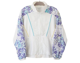 Vintage ADIDAS Track Jacket Full Zip Size women&#39;s XL Tennis 90s floral pattern white purple sport style windbreaker