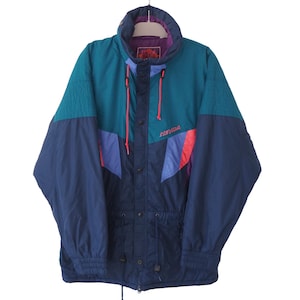 Veste de ski vintage NEVICA taille XL en plein air montagnes des années 90 à capuche bleu vert