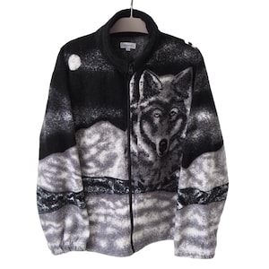 Suéter polar WOLF vintage con capucha y cremallera completa, talla L, chaqueta con estampado animal y naturaleza