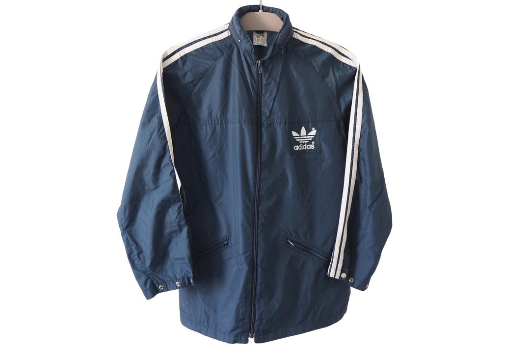 ジャケット・アウター 90s adidas off White x Navy Nylon JKT Vintage 90's Original Adidas 3 Stripes Navy Blue & White