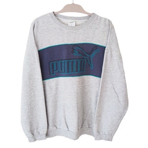 vintage Sweatshirt PUMA pull gros logo Taille L col rond gris bleu